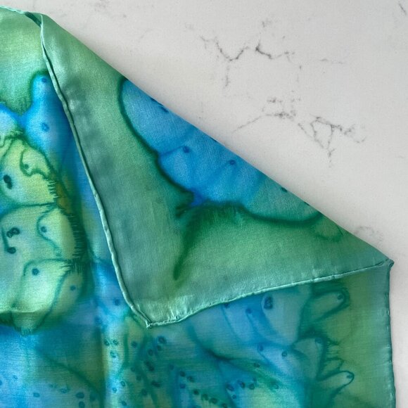 Luxurious Vintage Tie Dye 100% Silk Rectangle Scarf Vivid Blue Green Sz OS - Picture 5 of 8